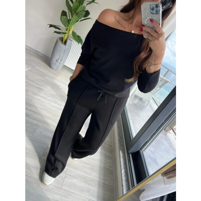 Kadın Uzun Kollu Tek Omuzdan Açık Modal Bluz Ve Pantolon Ikili Takım