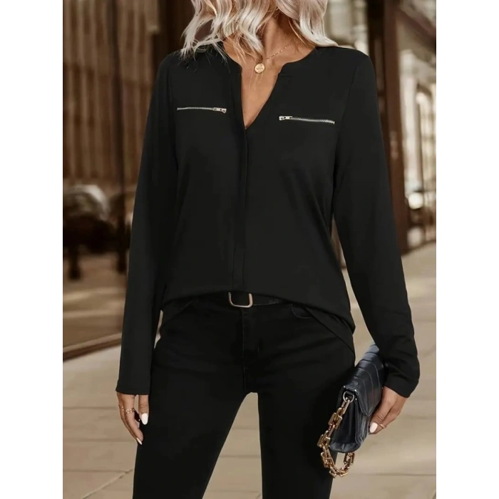 Kadın Uzun Kollu V Hakim Yaka Fermuar Detaylı Viskon Bluz