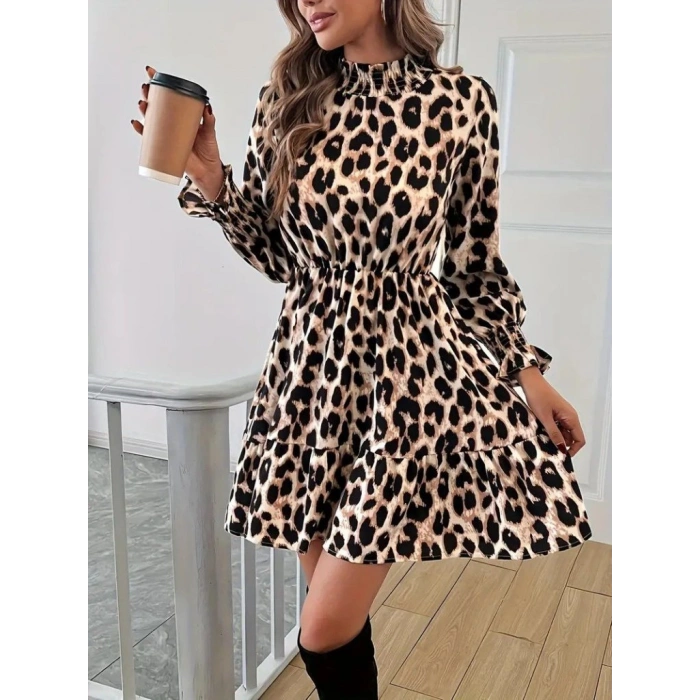 Kadın Uzun Kollu Yarı Balıkçı Yaka Leopar Desenli Modal Mini Elbise