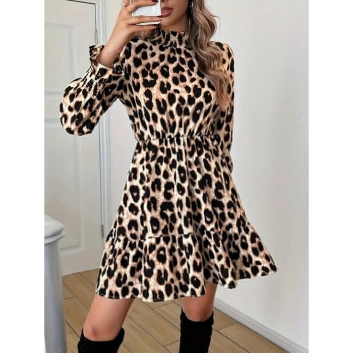 Kadın Uzun Kollu Yarı Balıkçı Yaka Leopar Desenli Modal Mini Elbise