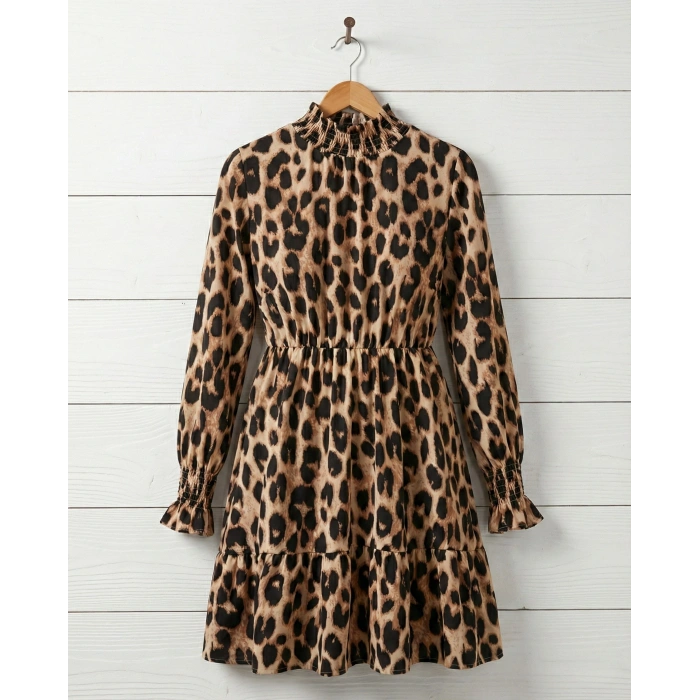 Kadın Uzun Kollu Yarı Balıkçı Yaka Leopar Desenli Modal Mini Elbise