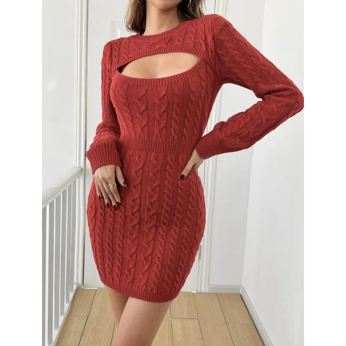 Kadın Uzun Kollu Yarı Balıkçı Yaka Pencere Göğüs Detay Mini Triko Elbise