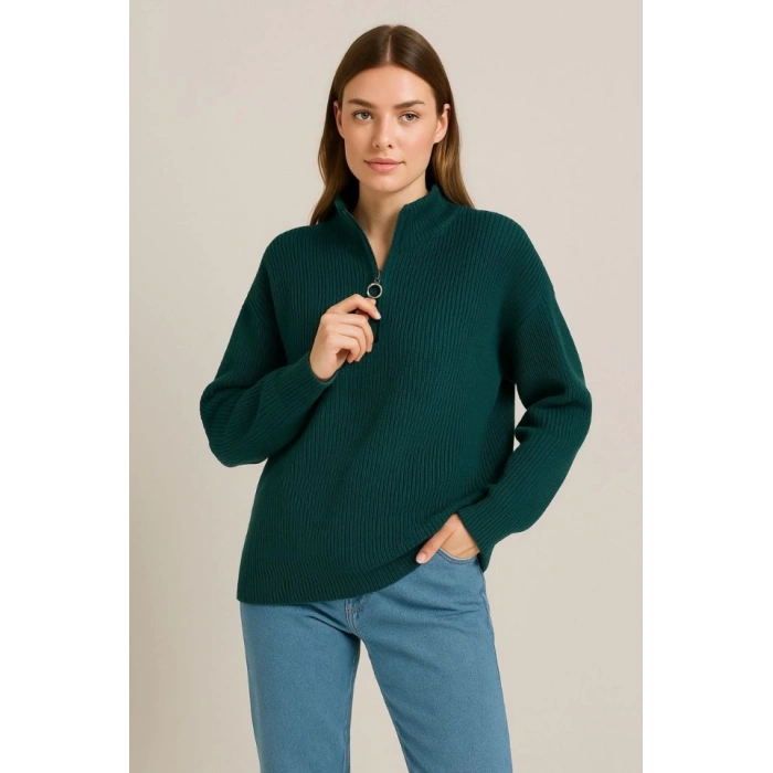 KADIN Yarım Fermuarlı Triko Kazak – Selanik Örgü, Dik Yaka, Pamuklu Dokuma, Oversize Uzun Kollu Kışlık Model - Haki