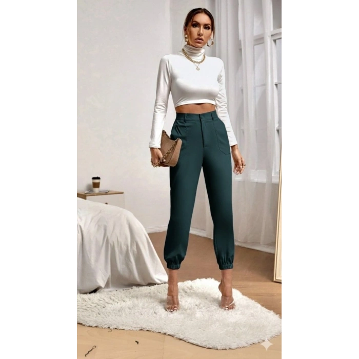 Kadın Yüksek Bel Cepli Paçası Lastikli Ithal Krep Pantolon