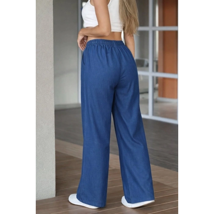 Kadın Yüksek Bel Lastikli Bağcıklı Kot Pantolon