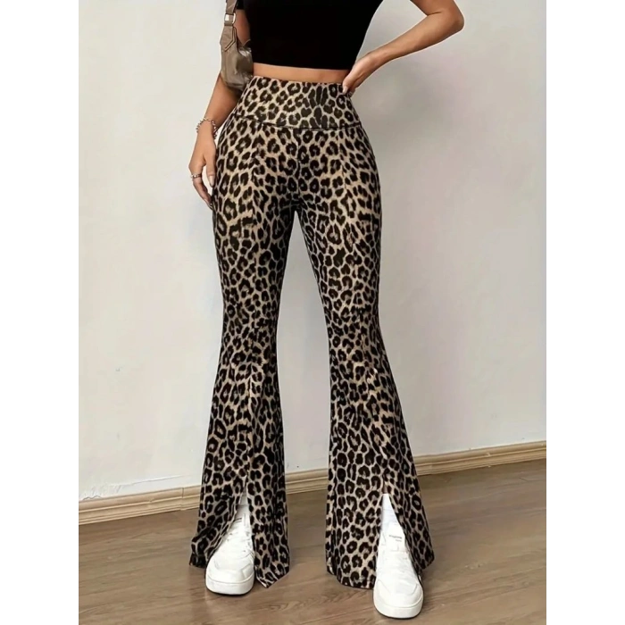 Kadın Yüksek Bel Leopar Desenli Yırtmaçlı Dalgıç Tayt
