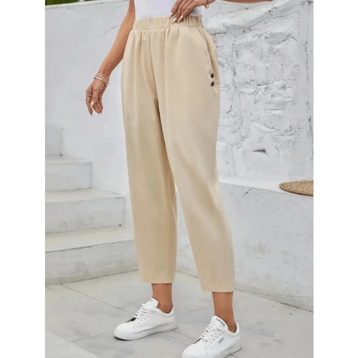 Kadın Yüksek Bel Yandan Cepli Düğme Detaylı Geniş Kesim Ithal Krep Pantolon