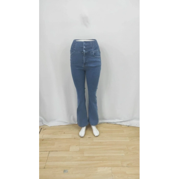 Kadın Yüksek Bel Yanları Lastik önü Düğmeli Kot Pantolon