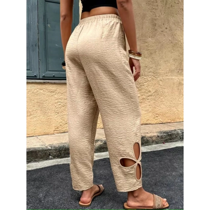 Kadın Yüksel Beli Lastikli Yan Detayı çiçek Desenli Pantolon