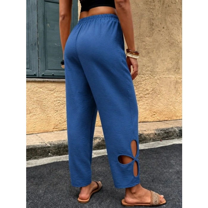 Kadın Yüksel Beli Lastikli Yan Detayı çiçek Desenli Pantolon