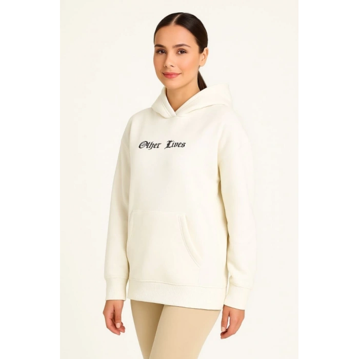 Kapşonlu Sweatshirt – Oversize Üç İplik Şardonlu Hoodie, “Other Lives” Ön - Arka Baskılı, Kanguru Cepli, Kışlık Rahat Günlük Stil - Beyaz