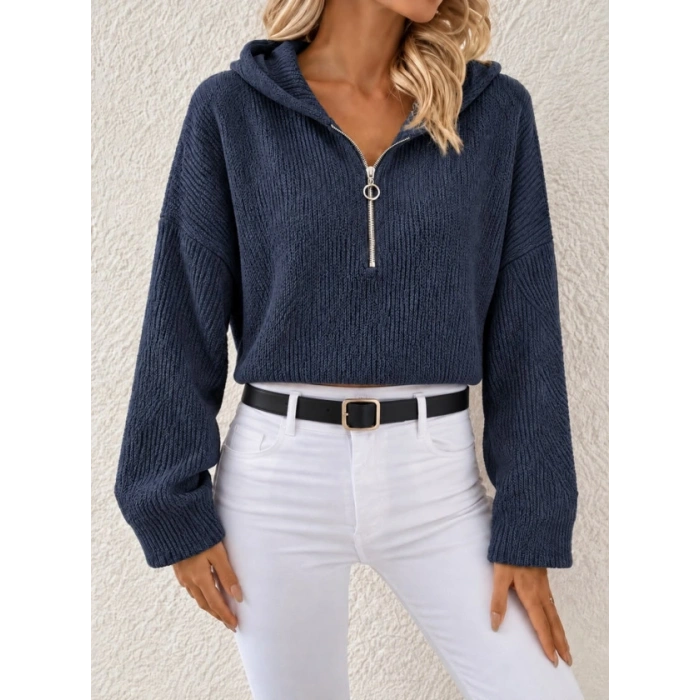 Kapüşonlu Fermuarlı Dokulu Sweatshirt