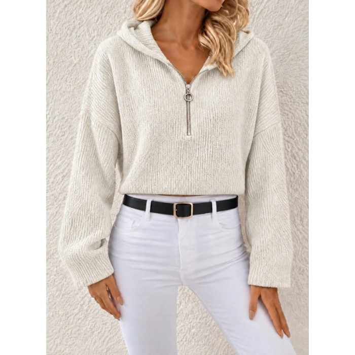 Kapüşonlu Fermuarlı Dokulu Sweatshirt