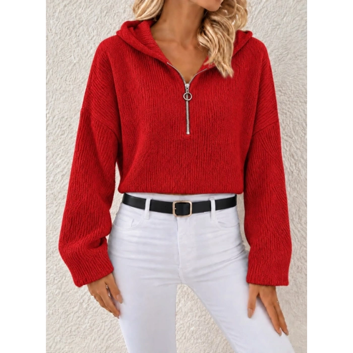 Kapüşonlu Fermuarlı Dokulu Sweatshirt