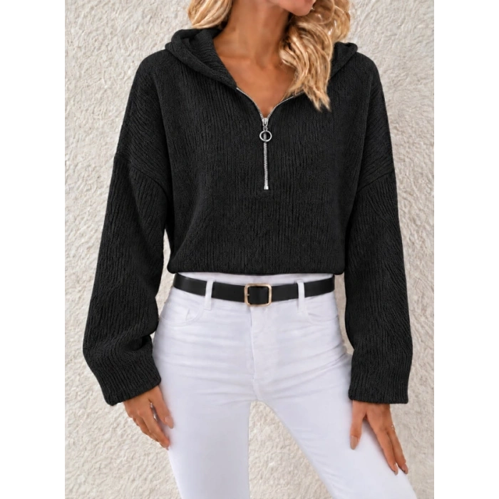 Kapüşonlu Fermuarlı Dokulu Sweatshirt