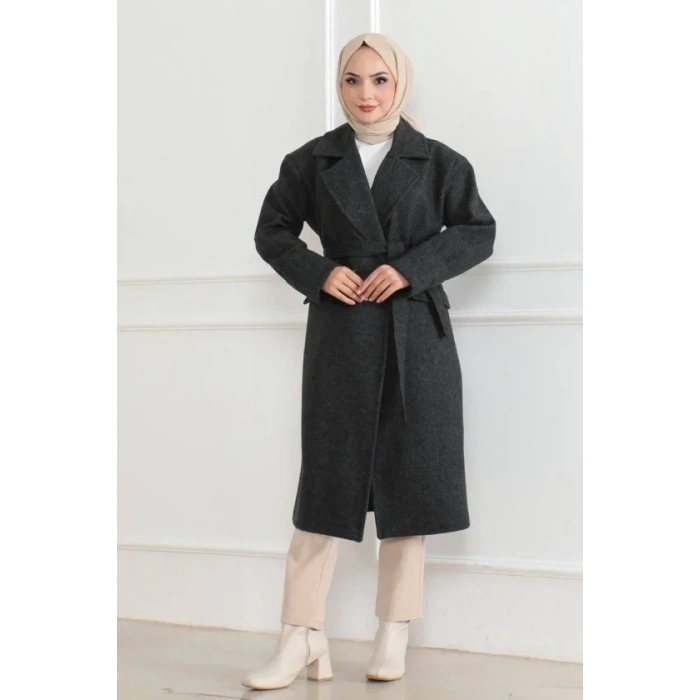Kaşe Kaban Uzun Boy 115 Cm Kruvaze Yaka Kuşaklı Astarlı Tesettür Kaban Yünlü - Siyah