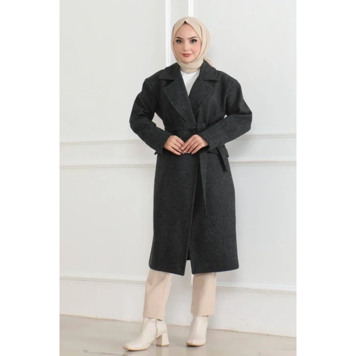 Kaşe Kaban Uzun Boy 115 Cm Kruvaze Yaka Kuşaklı Astarlı Tesettür Kaban Yünlü - Siyah