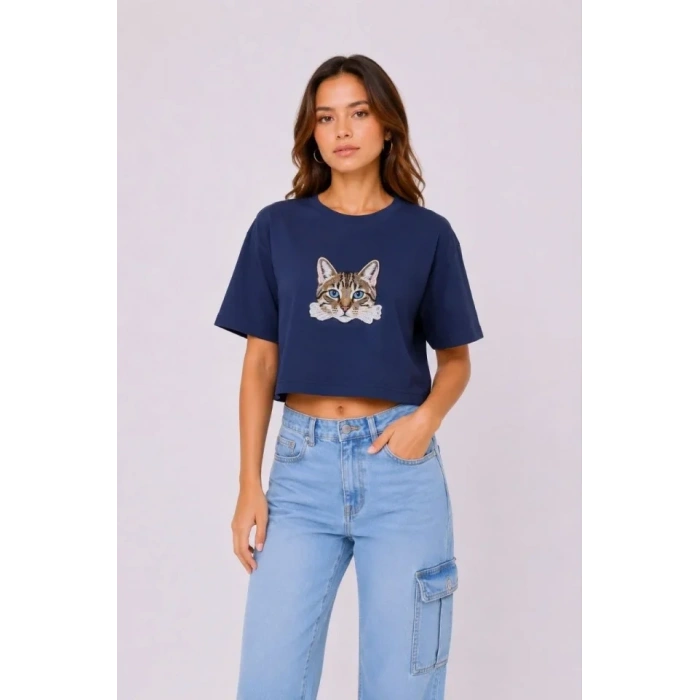 Kedi Baskılı Oversize Crop Tişört Salaş Basic Yarım Kol T-shirt - Lacivert