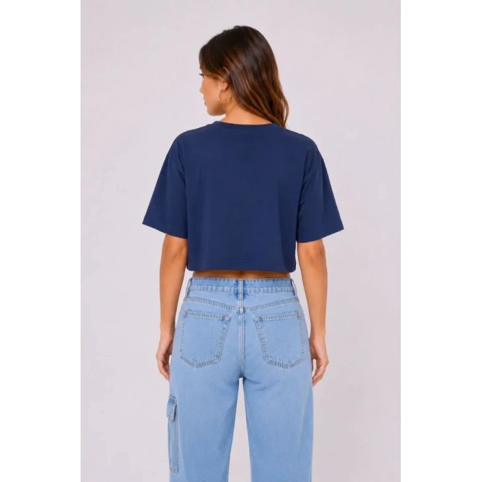 Kedi Baskılı Oversize Crop Tişört Salaş Basic Yarım Kol T-shirt - Lacivert