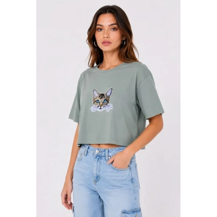 Kedi Baskılı Oversize Crop Tişört Salaş Basic Yarım Kol T-shirt - Mint Yeşili