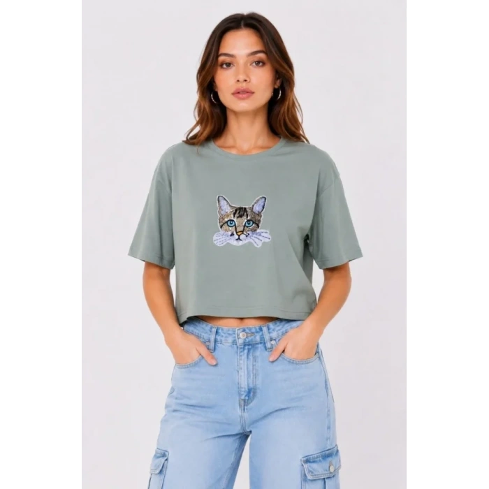 Kedi Baskılı Oversize Crop Tişört Salaş Basic Yarım Kol T-shirt - Mint Yeşili