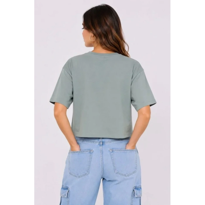 Kedi Baskılı Oversize Crop Tişört Salaş Basic Yarım Kol T-shirt - Mint Yeşili