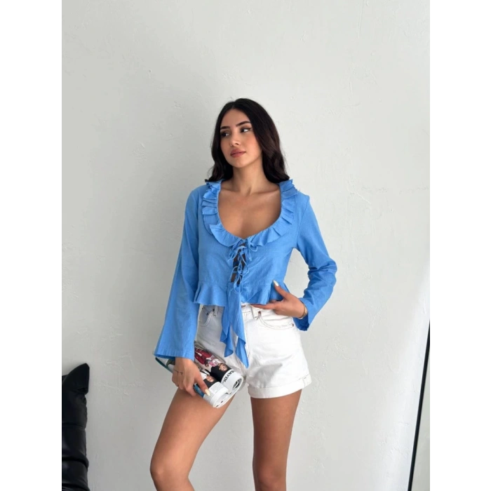 Keten Uzun Kol Bağacık Detaylı Bluz - Mavi