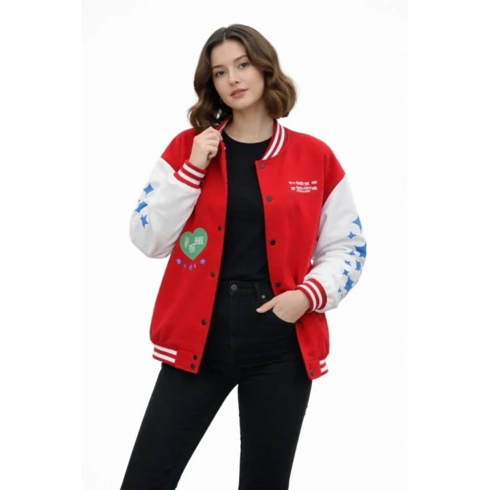 Kırmızı Varsity Çıtçıtlı Baskılı Oversize Kalıp Kolej Ceket - Kırmızı