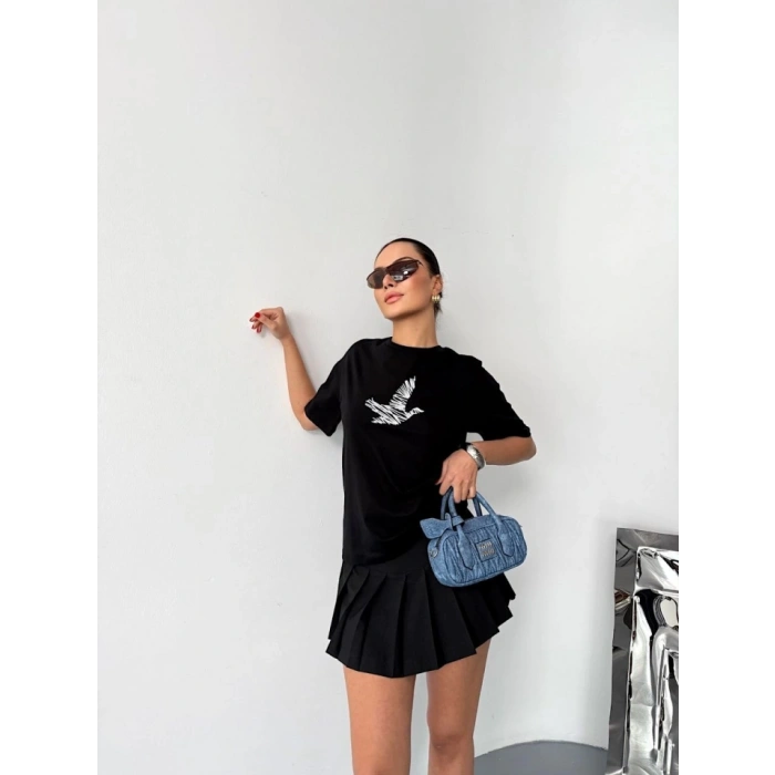 Kısa Kol Baskılı T-shirt - Siyah