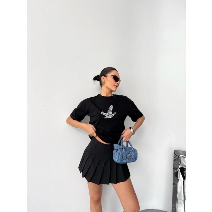 Kısa Kol Baskılı T-shirt - Siyah