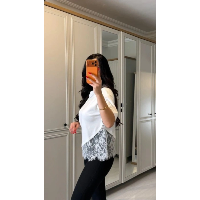 Kısa Kollu Bısıklet Yakalı Dantel Detaylı Vıskon ıkı ıplık Bluz