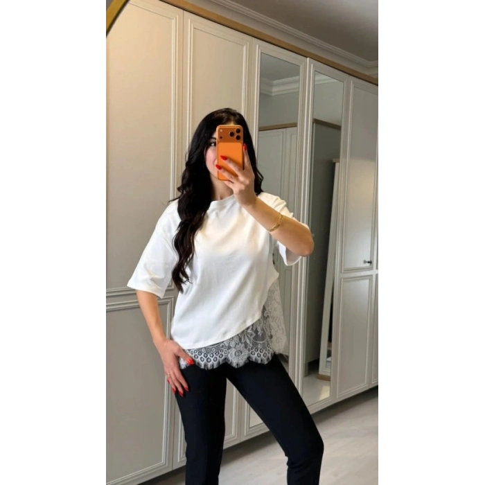 Kısa Kollu Bısıklet Yakalı Dantel Detaylı Vıskon ıkı ıplık Bluz