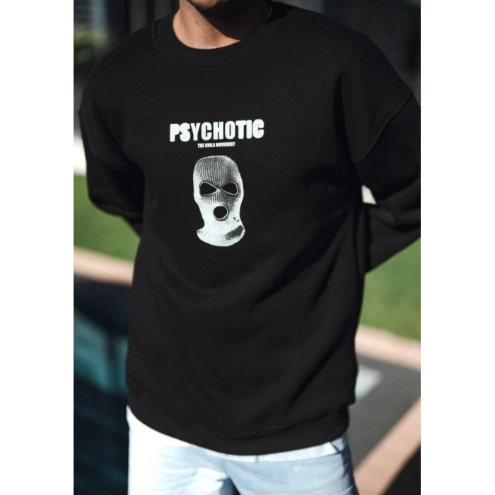 Kışlık Bisiklet Yaka Baskılı SweatShirt - Siyah