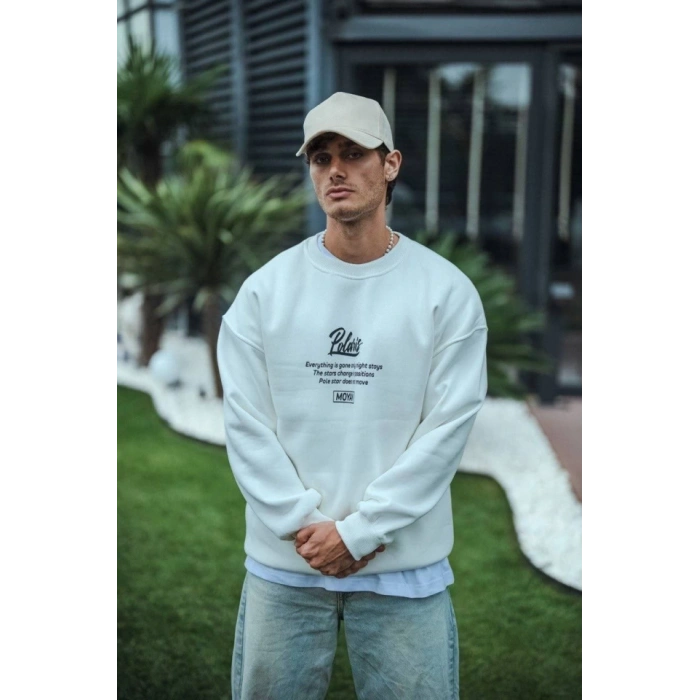 Kışlık Bisiklet Yaka Ön Ve Arka Baskılı SweatShirt - Beyaz