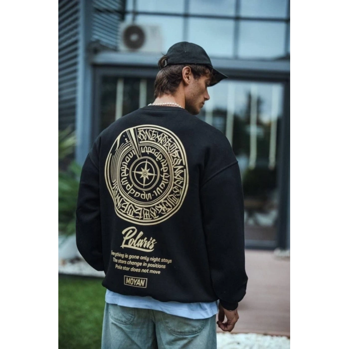 Kışlık Bisiklet Yaka Ön Ve Arka Baskılı SweatShirt - Siyah