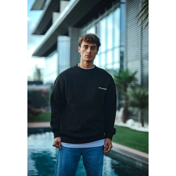 Kışlık Bisiklet Yaka Oversize Baskılı SweatShirt - Siyah