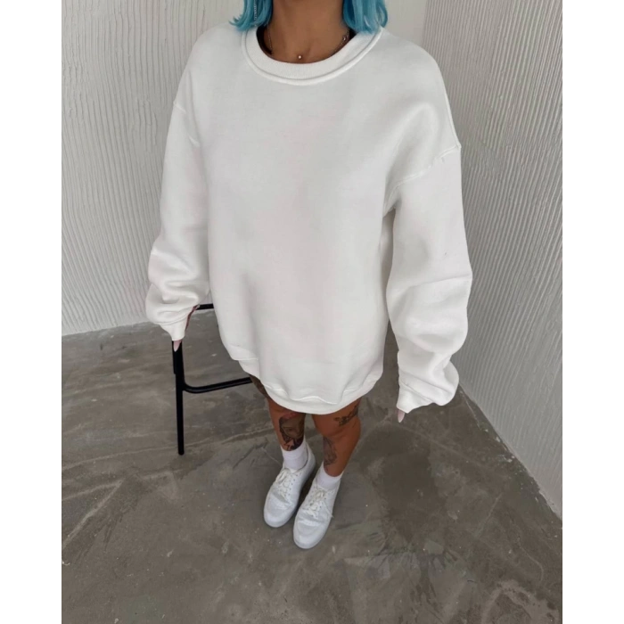 Kışlık Bisiklet Yaka Üç İplik Basic SweatShirt - Beyaz