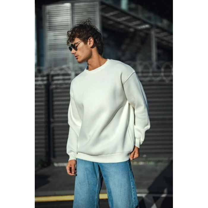Kışlık Bisiklet Yaka Üç İplik Basic SweatShirt - Beyaz