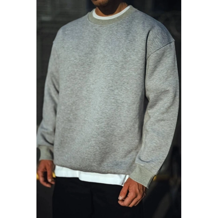 Kışlık Bisiklet Yaka Üç İplik Basic SweatShirt - Gri