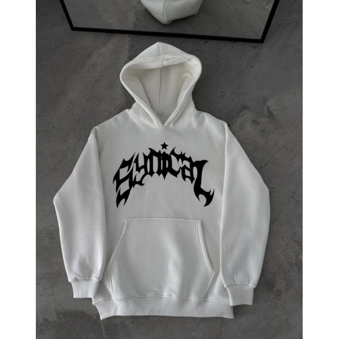Kışlık Kapşonlu Baskılı Oversize SweatShirt- Beyaz