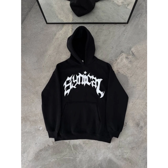 Kışlık Kapşonlu Baskılı Oversize SweatShirt- Siyah