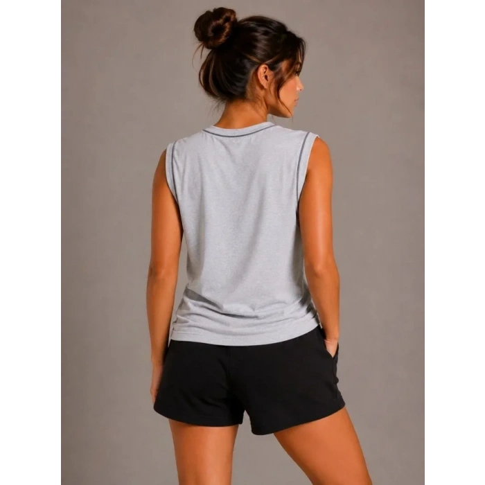 Kontrast Biyeli Kolsuz Atlet Bisiklet Yaka Yazlık Basic Atlet - Gri