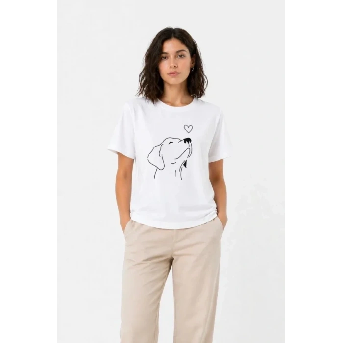 Köpek Figürlü Minimal Baskılı Tişört Kısa Kol Yazlık T-Shirt - Beyaz