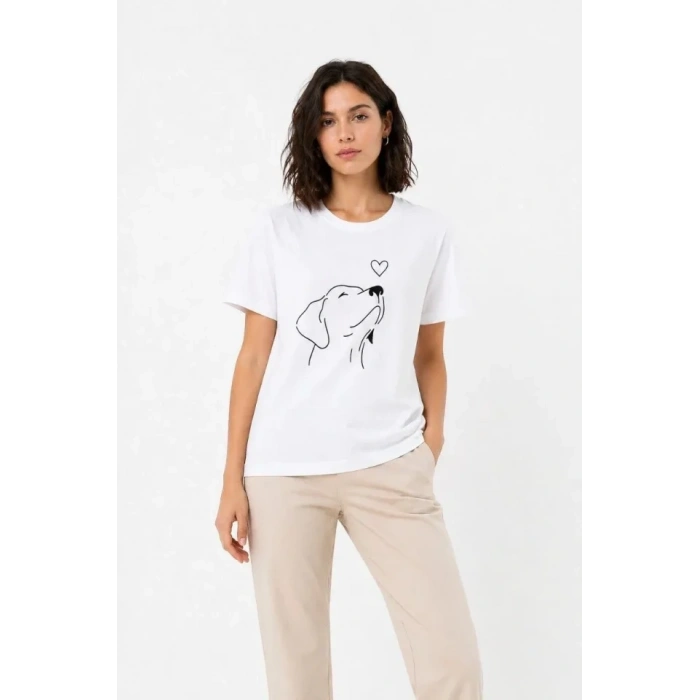 Köpek Figürlü Minimal Baskılı Tişört Kısa Kol Yazlık T-Shirt - Beyaz