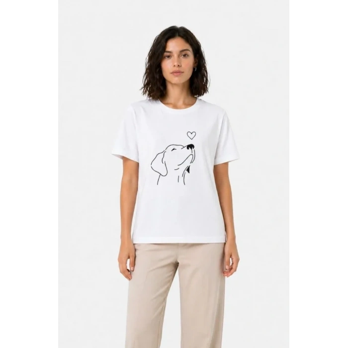 Köpek Figürlü Minimal Baskılı Tişört Kısa Kol Yazlık T-Shirt - Beyaz