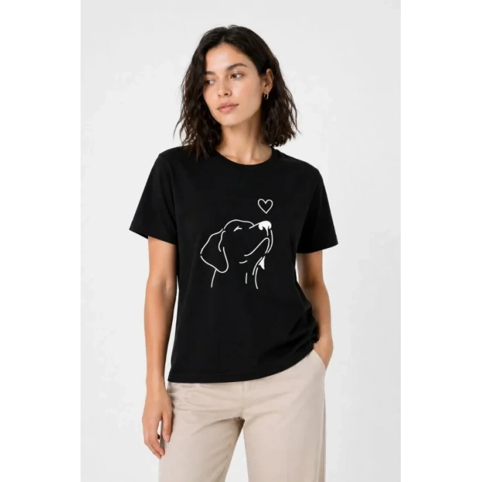 Köpek Figürlü Minimal Baskılı Tişört Kısa Kol Yazlık T-Shirt - Siyah