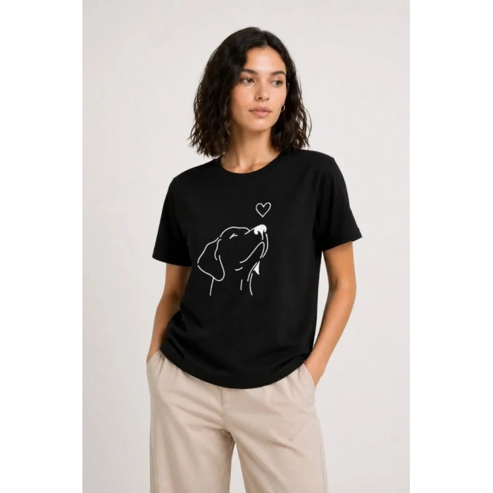 Köpek Figürlü Minimal Baskılı Tişört Kısa Kol Yazlık T-Shirt - Siyah