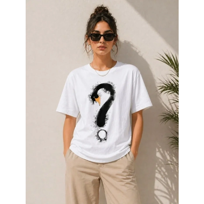 Kuğu Figürlü Soru İşareti Baskılı Tişört Kısa Kol T-Shirt - Beyaz