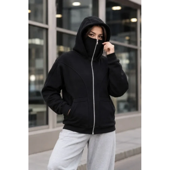 Maskeli Ninja Model Çift Kapüşonlu 3 İplik Şardonlu Fermuarlı Oversize Sweatshirt - Siyah