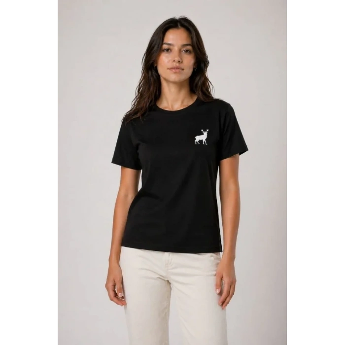 Minimal Geyik Logolu Tişört Bisiklet Yaka Kısa Kol Yazlık T-Shirt - Siyah